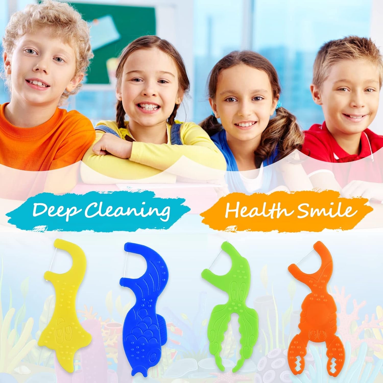 Kids Flossers, Kids Dental Floss Picks without Fluoride, Unflavored, 4 Colors Ocean Animals Shaped Makes Flossing Fun, 50 Count (Pack of 1)