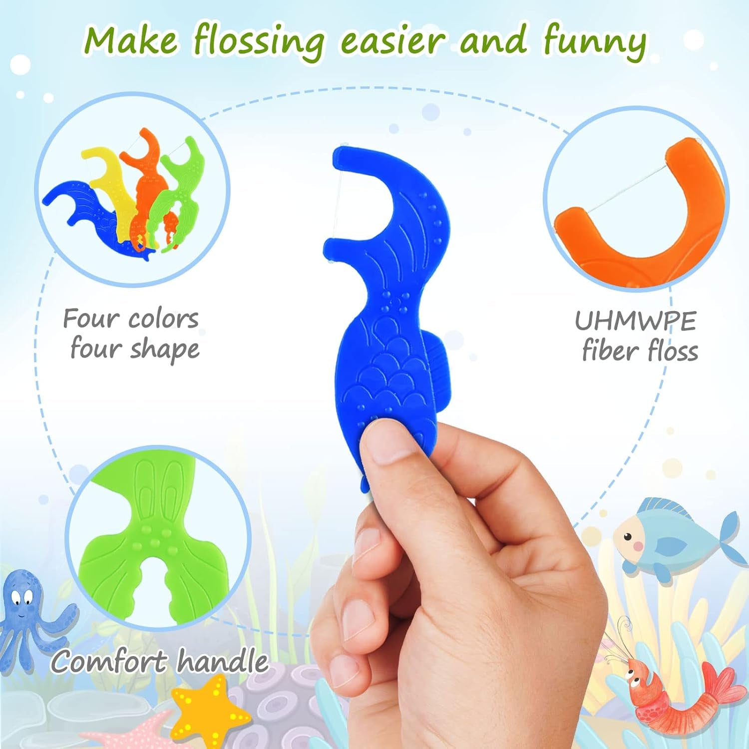 Kids Flossers, Kids Dental Floss Picks without Fluoride, Unflavored, 4 Colors Ocean Animals Shaped Makes Flossing Fun, 50 Count (Pack of 1)