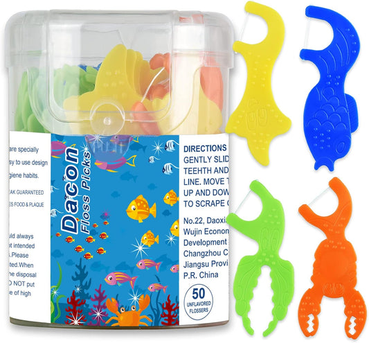 Kids Flossers, Kids Dental Floss Picks without Fluoride, Unflavored, 4 Colors Ocean Animals Shaped Makes Flossing Fun, 50 Count (Pack of 1)
